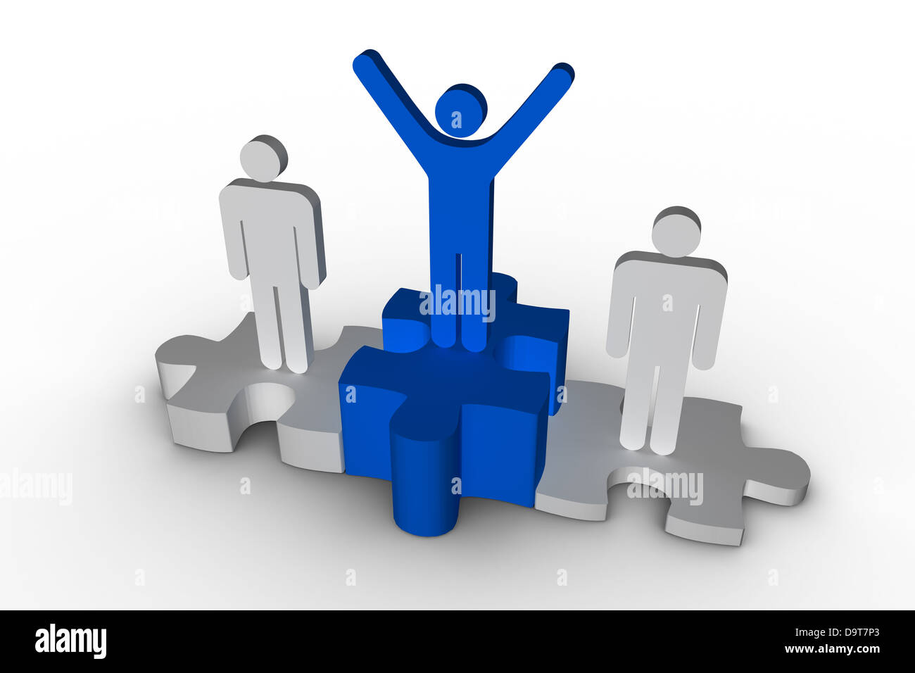 Podium of human figure where the winner is raising arms in blue Stock Photo