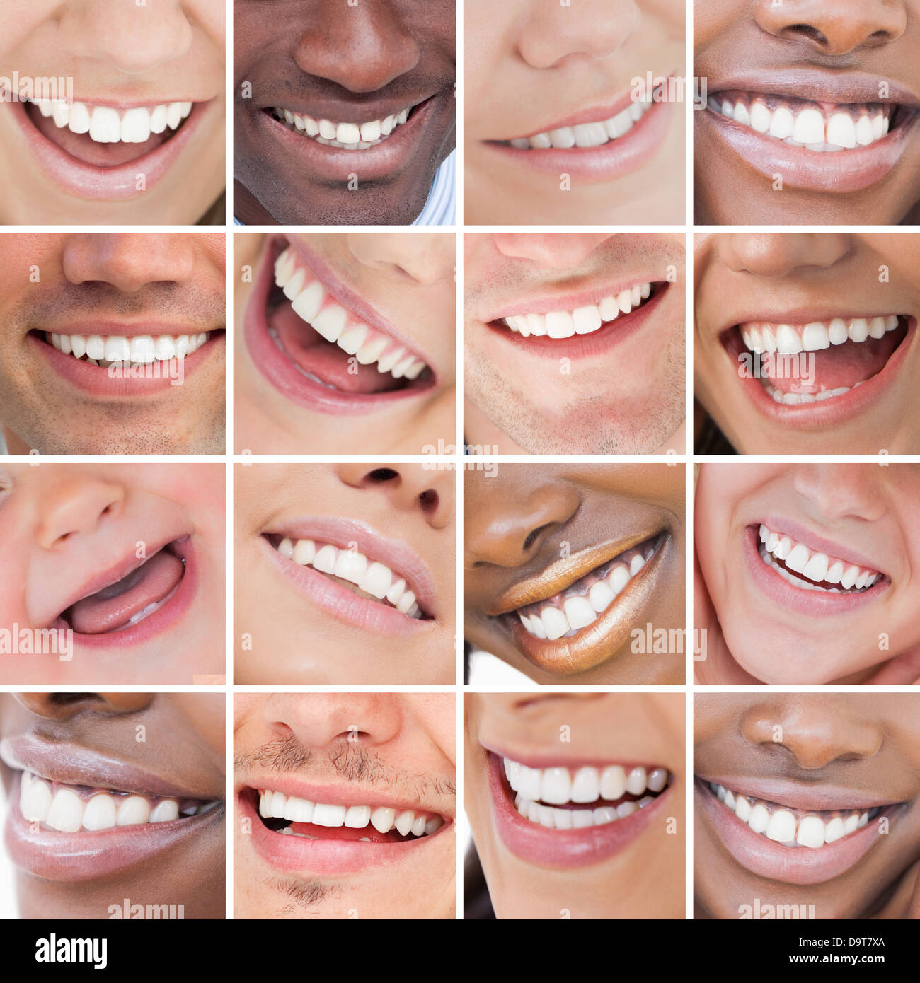 Collage of bright white smiles Stock Photo Alamy