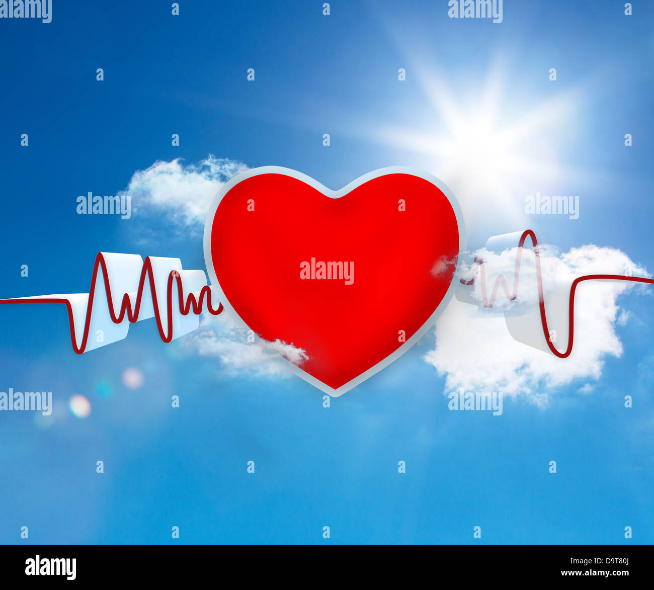 Heart rate waveform with big red heart Stock Photo
