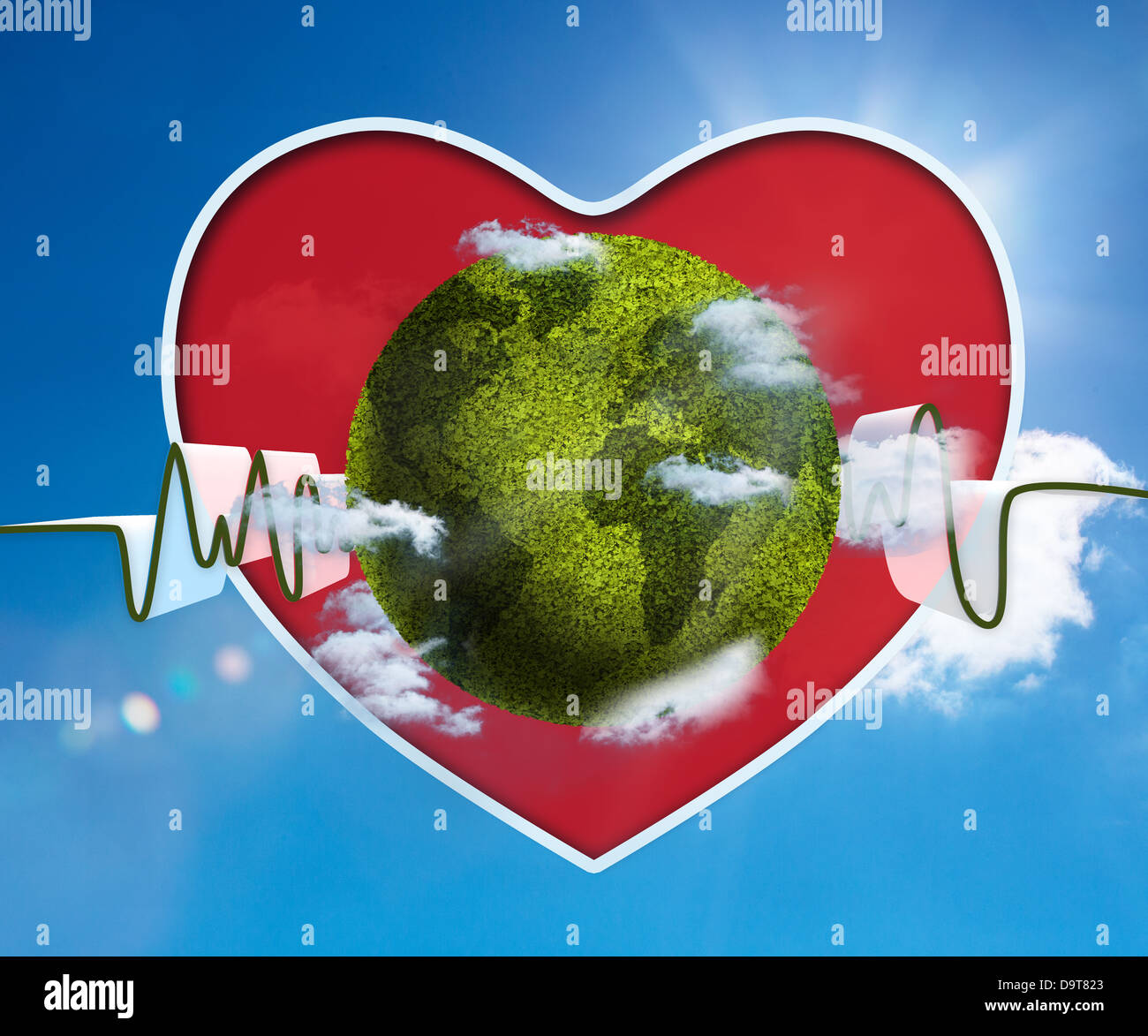 Green and white waveform with green earth and red heart Stock Photo