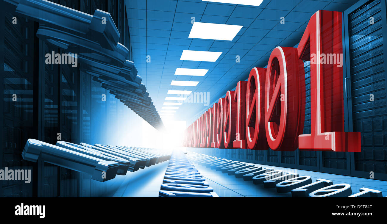 Blue and red binary code in data center hall leading to light Stock Photo