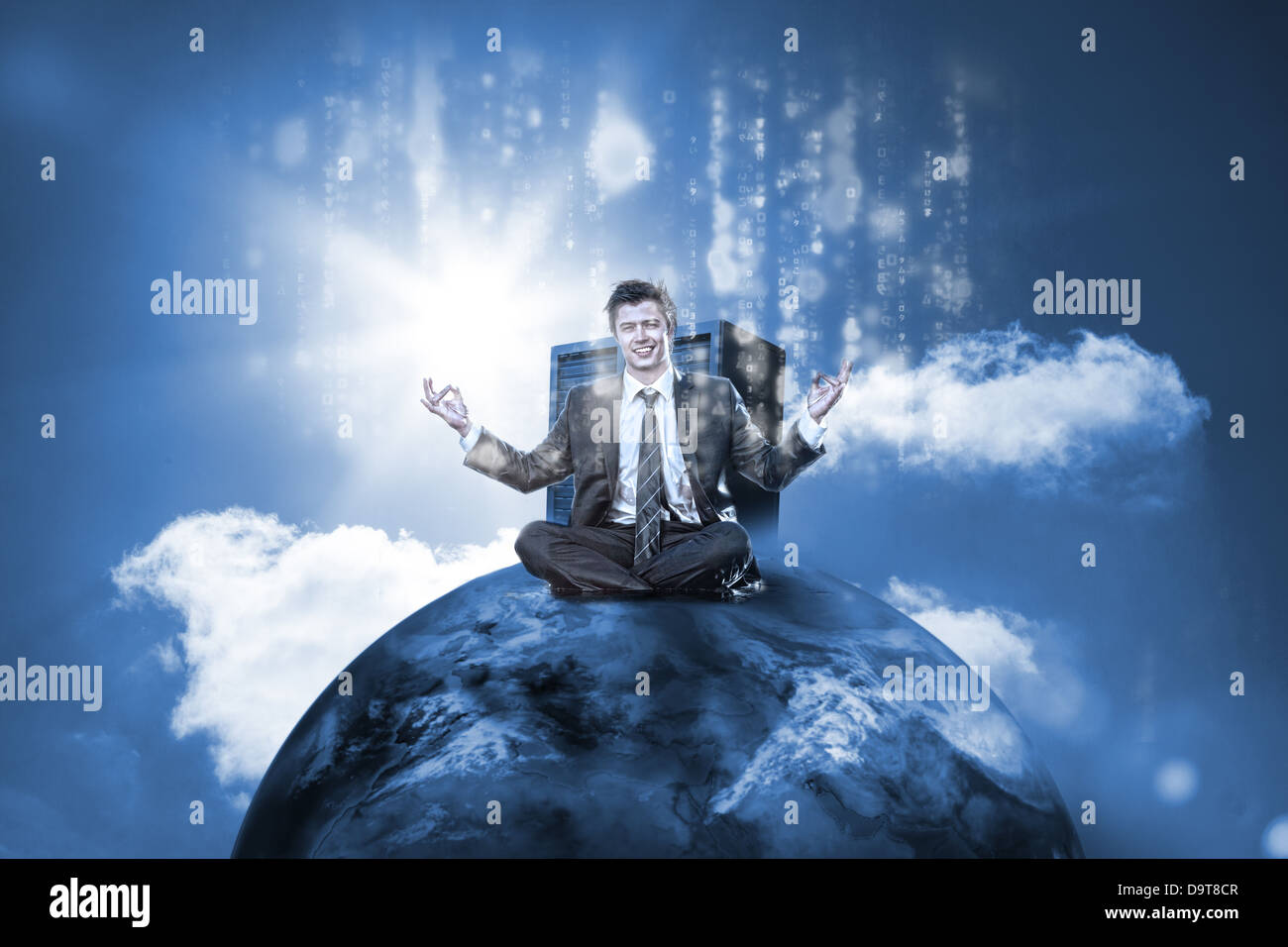 Businessman sitting on top of the world with data server Stock Photo