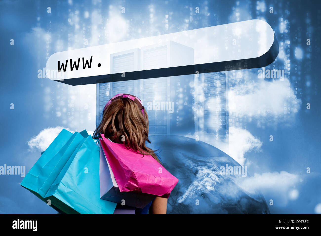 Girl with shopping bags looking at address bar with data servers Stock Photo