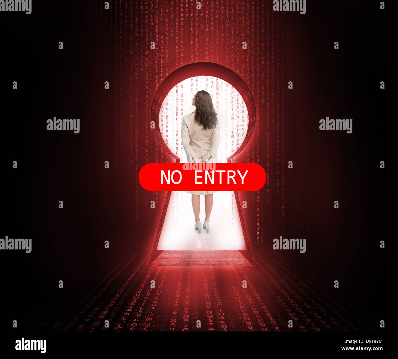 Doorway blocked by no entry sign with businesswoman Stock Photo