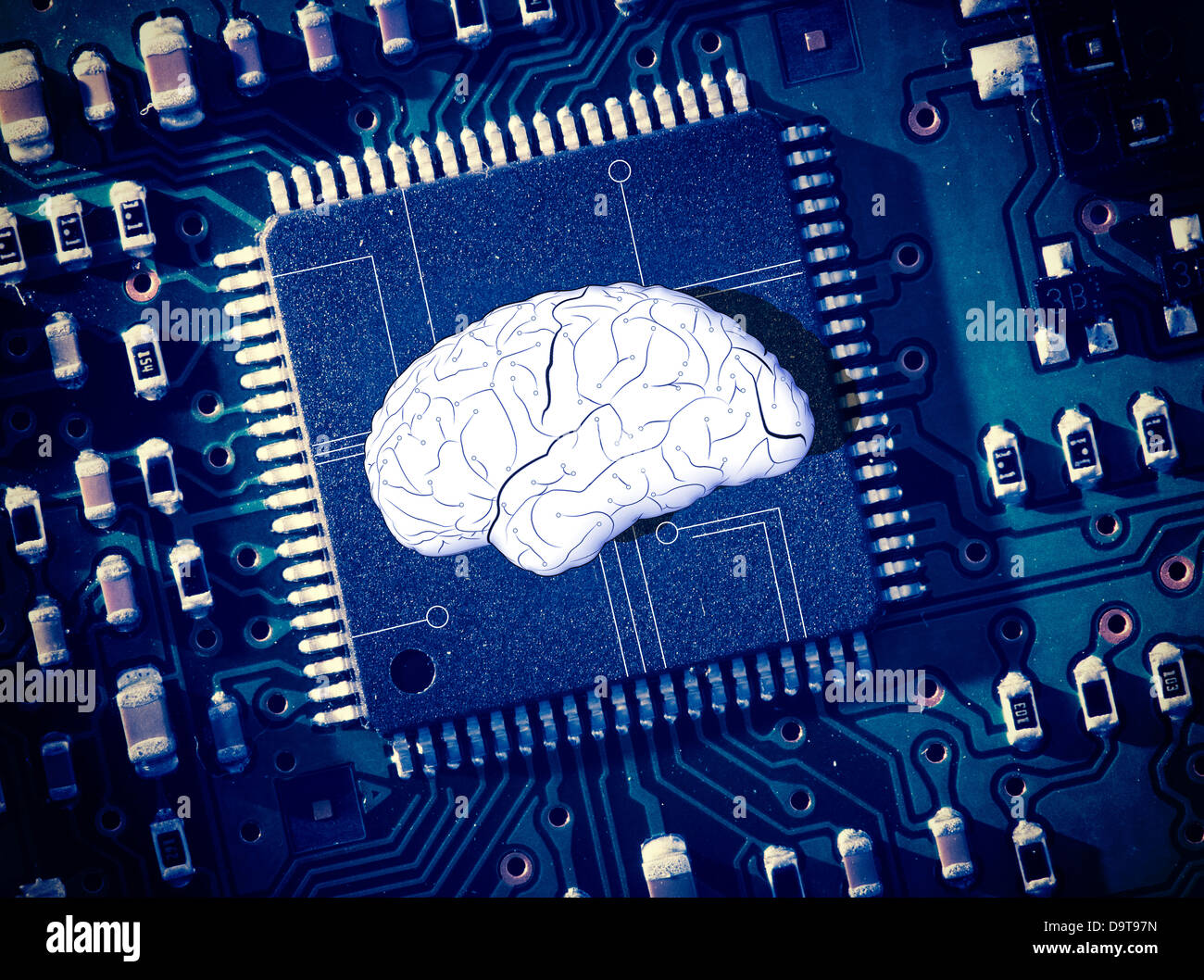 Brain in the middle of blue circuit board Stock Photo