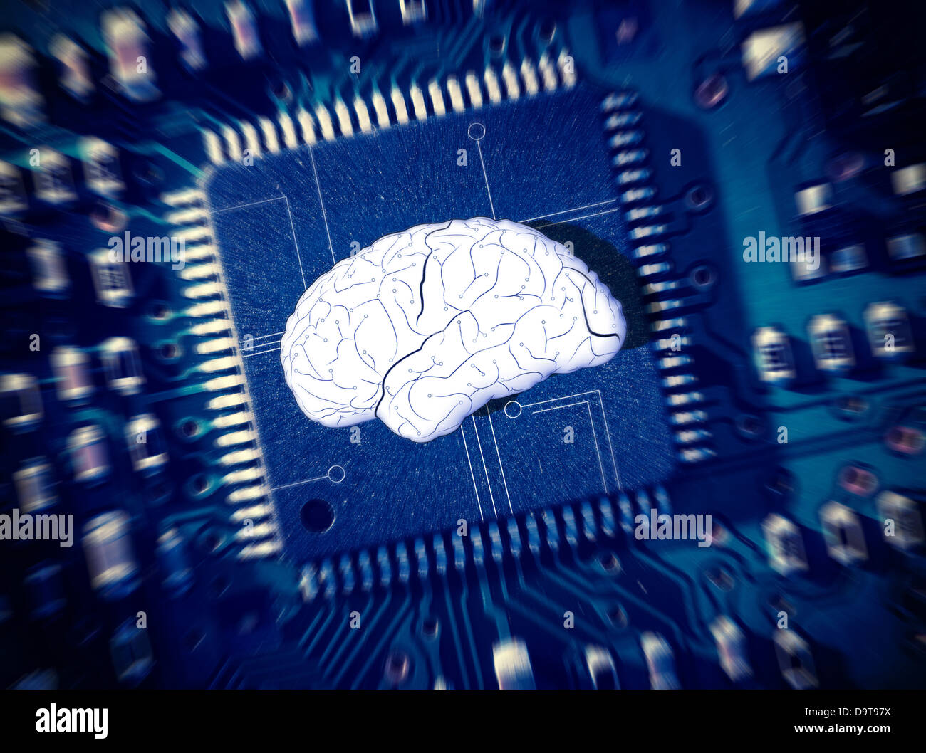 Brain in the middle of a blur circuit board Stock Photo