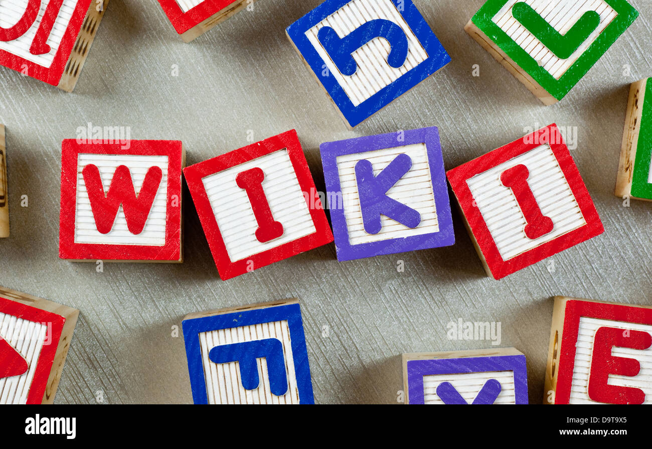 Wooden blocks forming the word WIKI in the center Stock Photo