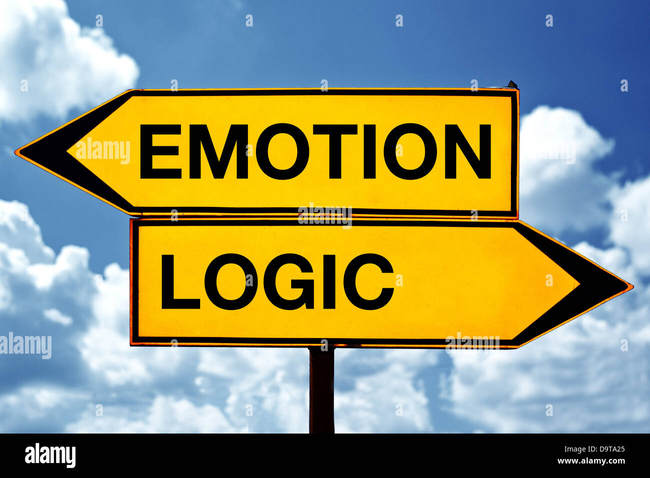 Emotion or logic, opposite signs. Two opposite signs against blue sky background. Stock Photo