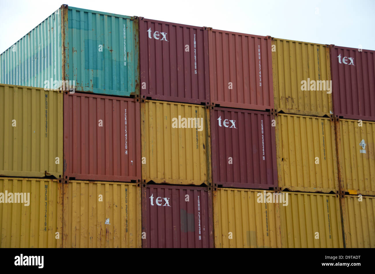 Shipping containers stacked in Tauranga (New Zealand). Stock Photo