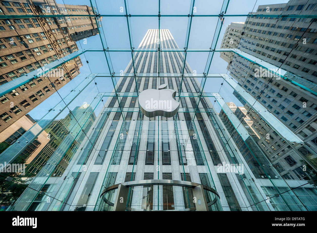 The glass cube over the Apple computer store near Central park in New York City. Stock Photo