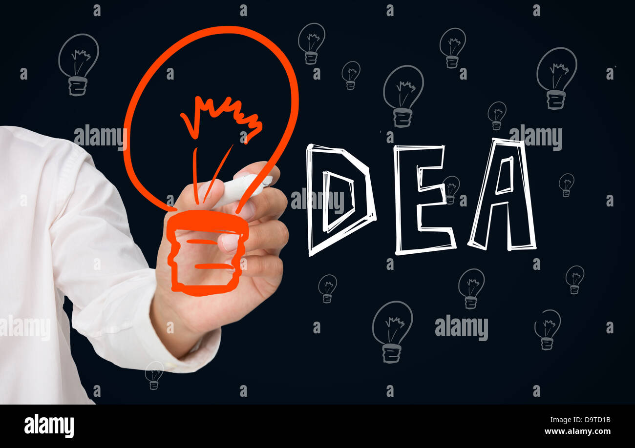 Businessman drawing big orange light bulb as the i in idea Stock Photo