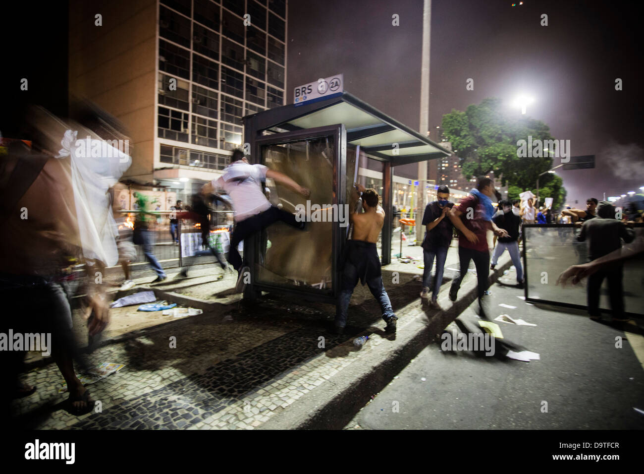 Brazil protest 2013, Rio de Janeiro downtown, Revolt, bus stop vandalized by protesters Stock Photo
