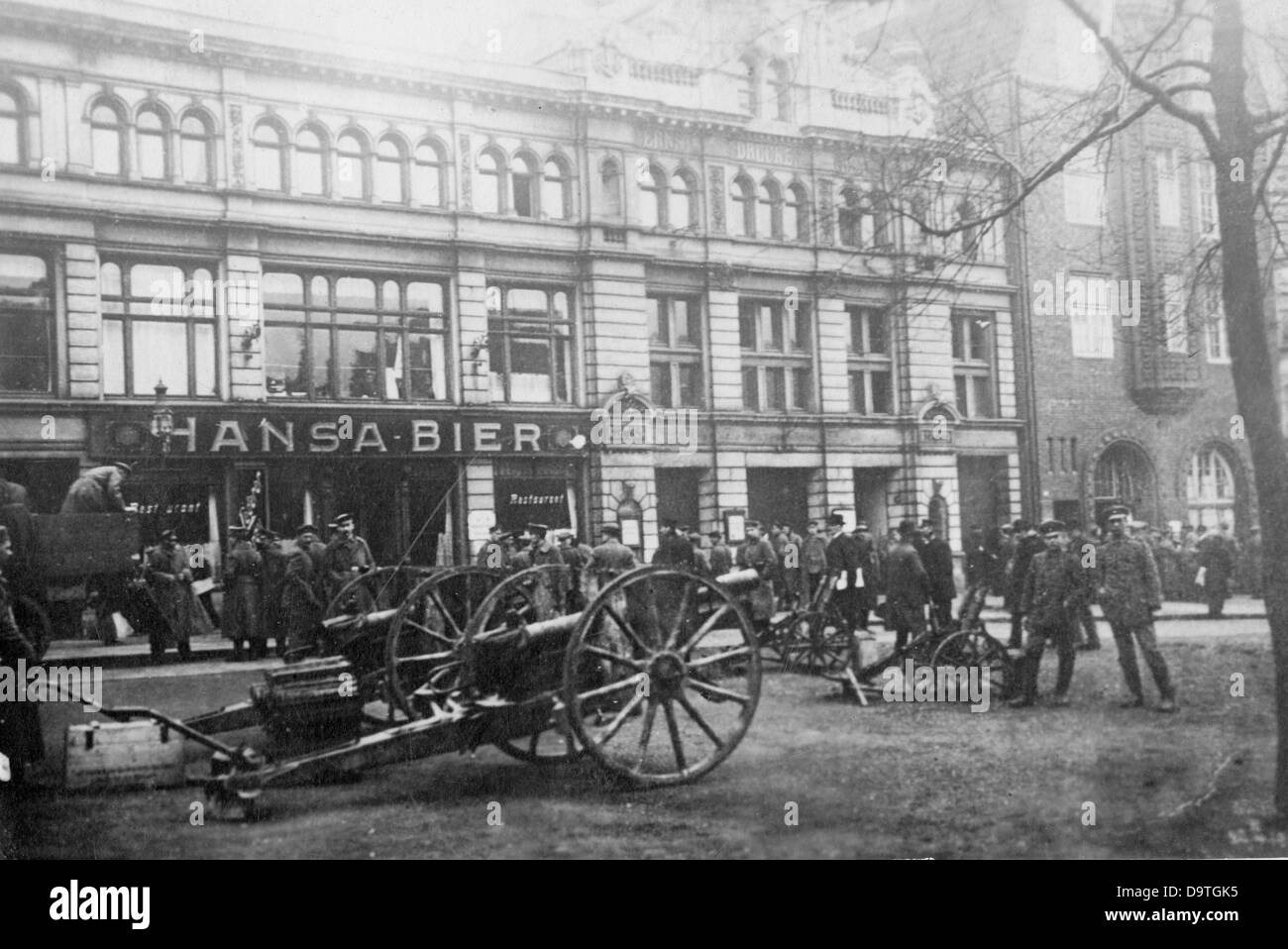 German troops and guns are pictured in the streets of St. Pauli in Hamburg, Germany, in early 1918. German civilians suffered from poor food supply and bad working conditions during World War I, which led to mass strikes and demonstrations in January 1918, which were supressed by the government with violent means. Photo: Berliner Verlag/Archiv Stock Photo