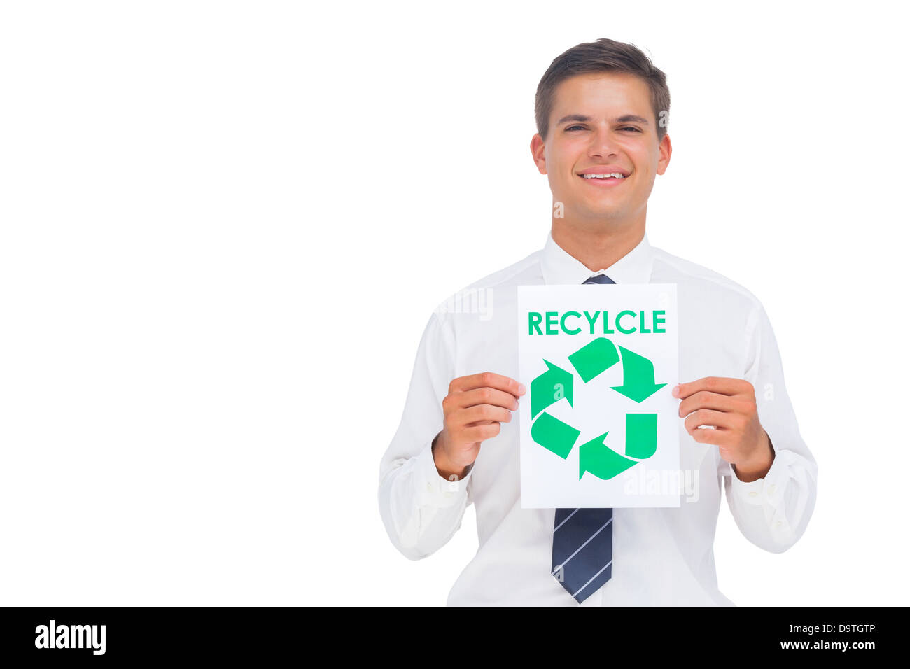Happy businessman showing a paper with environmental awareness sign Stock Photo