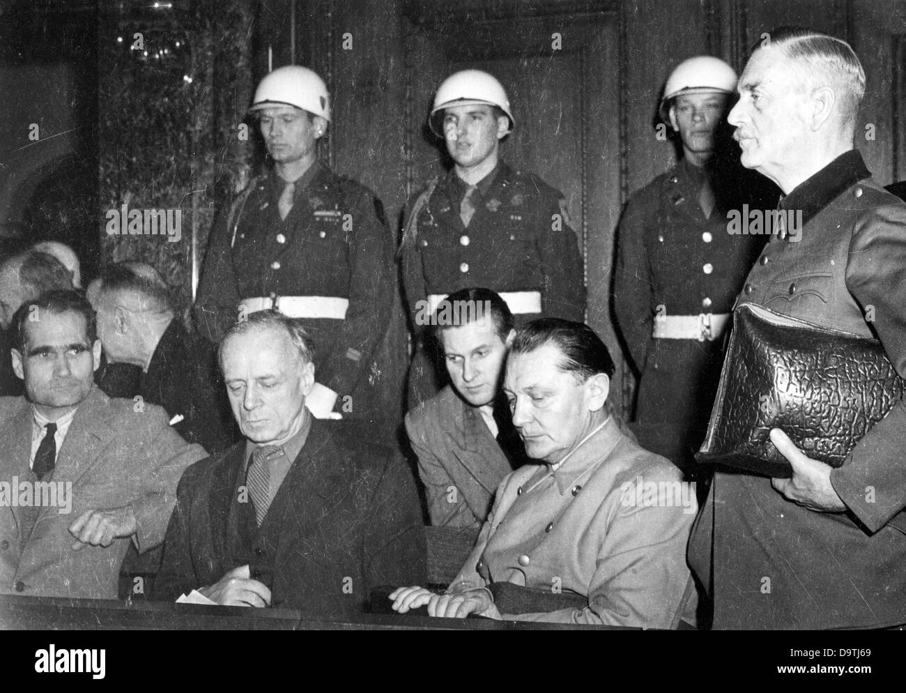 Main defendants at the Nuremberg Trials (front from left): Rudolf Hess, Joachim von Ribbentrop, Hermann Göring, Wilhelm Keitel.    Photo: Yevgeny Khaldei Stock Photo