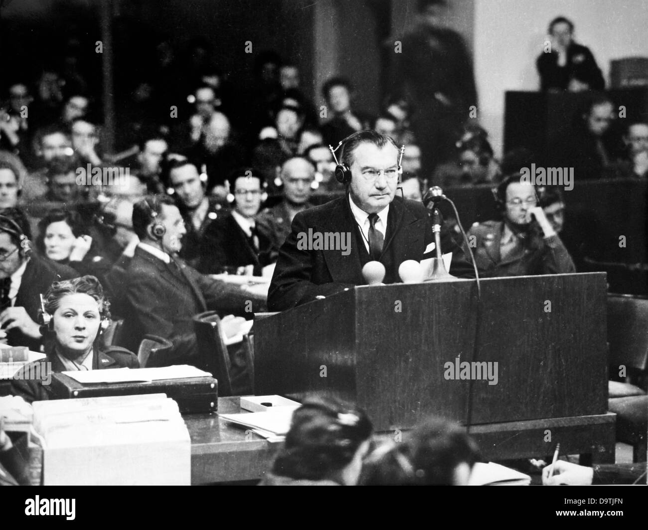 Robert H. Jackson (USA), chief United States prosecutor at the Nuremberg Trials in the context of the International Military Tribunal against the major war criminals of World War II in Nuremberg, Germany, in 1946. Photo: Yevgeny Khaldei Stock Photo