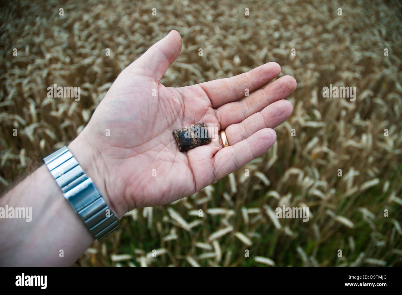 Hand holding a piece of exploded rifle grenade, found on the Somme Battlefield, Picardy, France Stock Photo