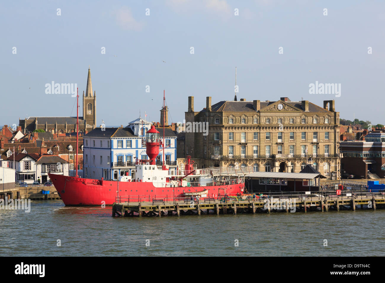Offshore view to waterfront and LV18 Trinity House Lightvessel by Ha'penny Pier in harbour at Harwich Essex England UK Britain Stock Photo