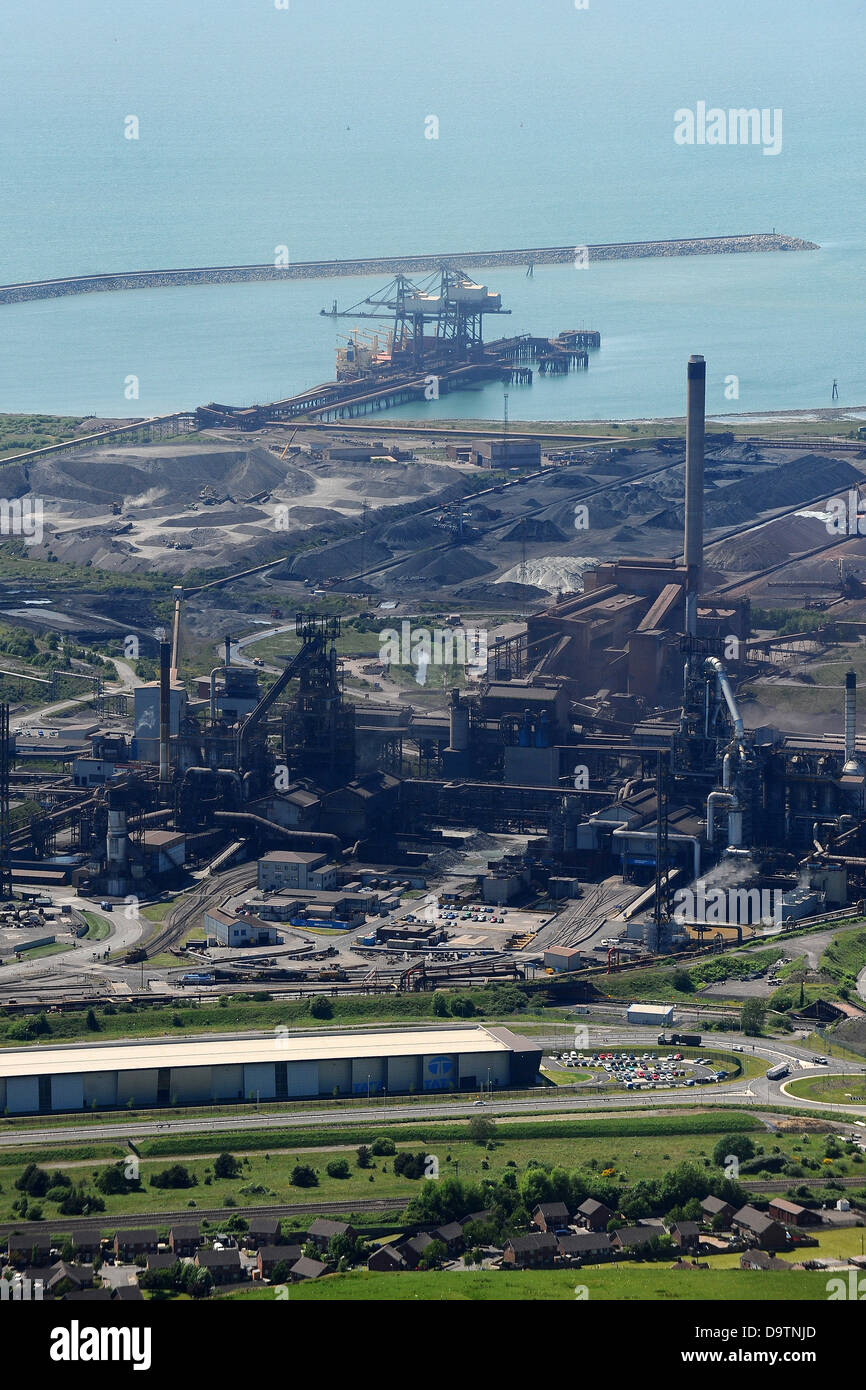 Aerial image of Port Talbot steel works and Aberavon beach. Stock Photo