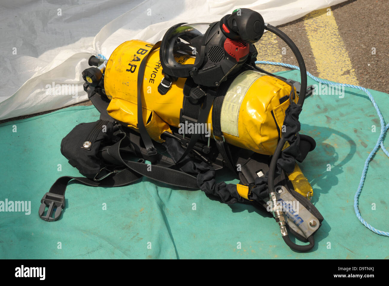Firefighter's breathing apparatus at the scene of an accident. Stock Photo