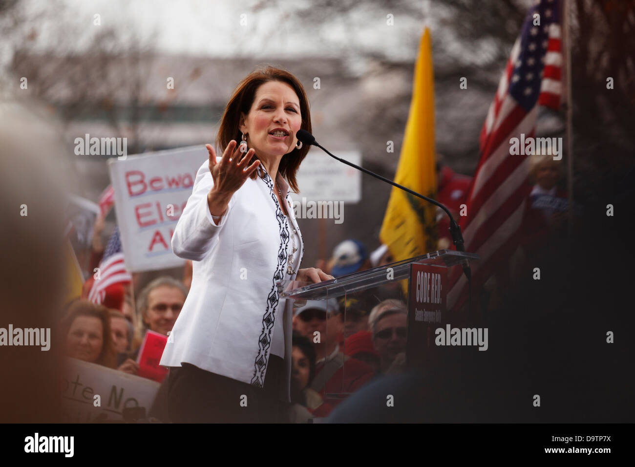 United States Congresswoman Michelle Bachman (R - Minnesota) speaks at an anti-Obamacare rally on the grounds of the US Capitol. Stock Photo