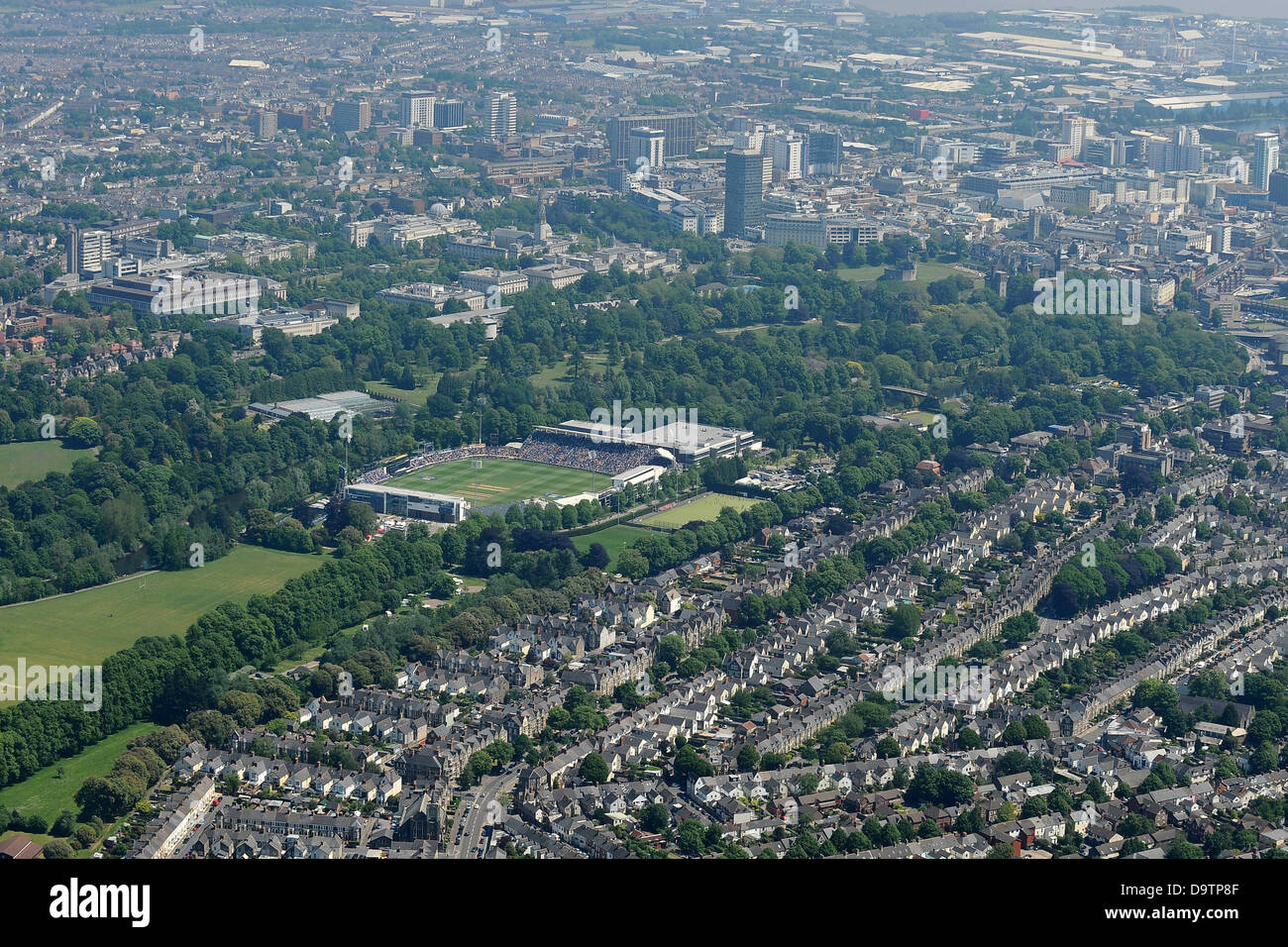 Aerial image of Swalec cricket stadium and Cardiff City centre and Millenium stadium Stock Photo