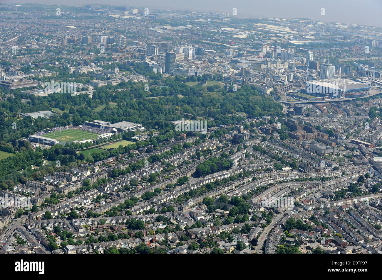Aerial image of Swalec cricket stadium and Cardiff City centre and Millenium stadium Stock Photo