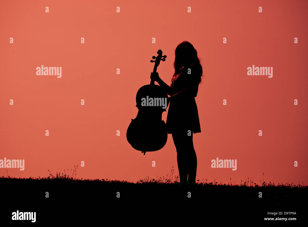 A girl with a cello silhouetted against a bright sky Stock Photo