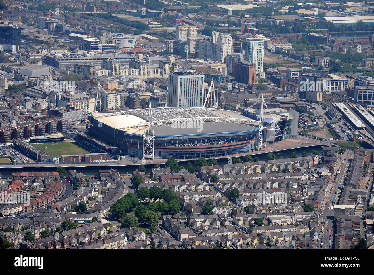Aerial image of Cardiff City centre and Millenium stadium Stock Photo