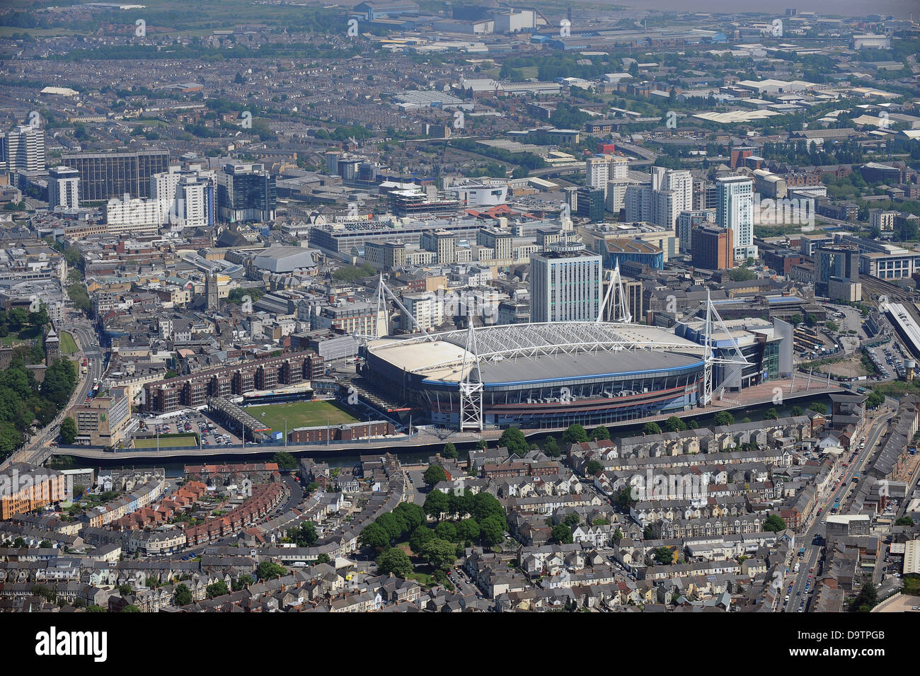 Aerial image of Cardiff City centre and Millenium stadium Stock Photo