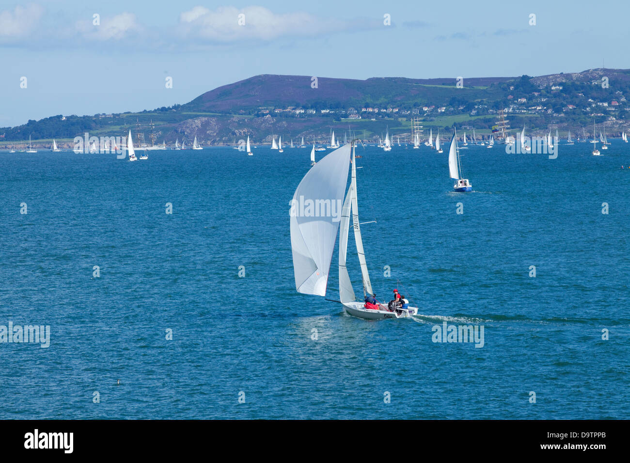 Numerous sailboats in a busy harbour viewed from dun laoghaire;Howth