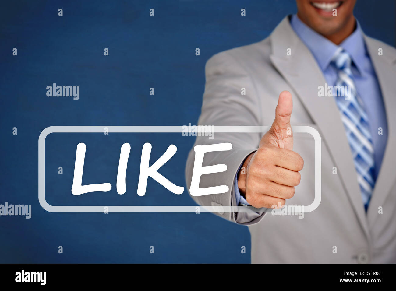 Businessman giving thumbs up with like banner Stock Photo