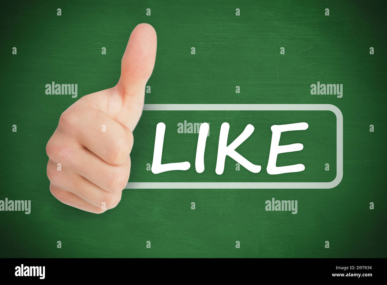 Thumb up representing social network logo next to like written in tag Stock Photo
