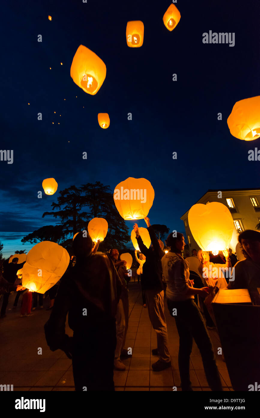 the lanterns flying in the night Stock Photo