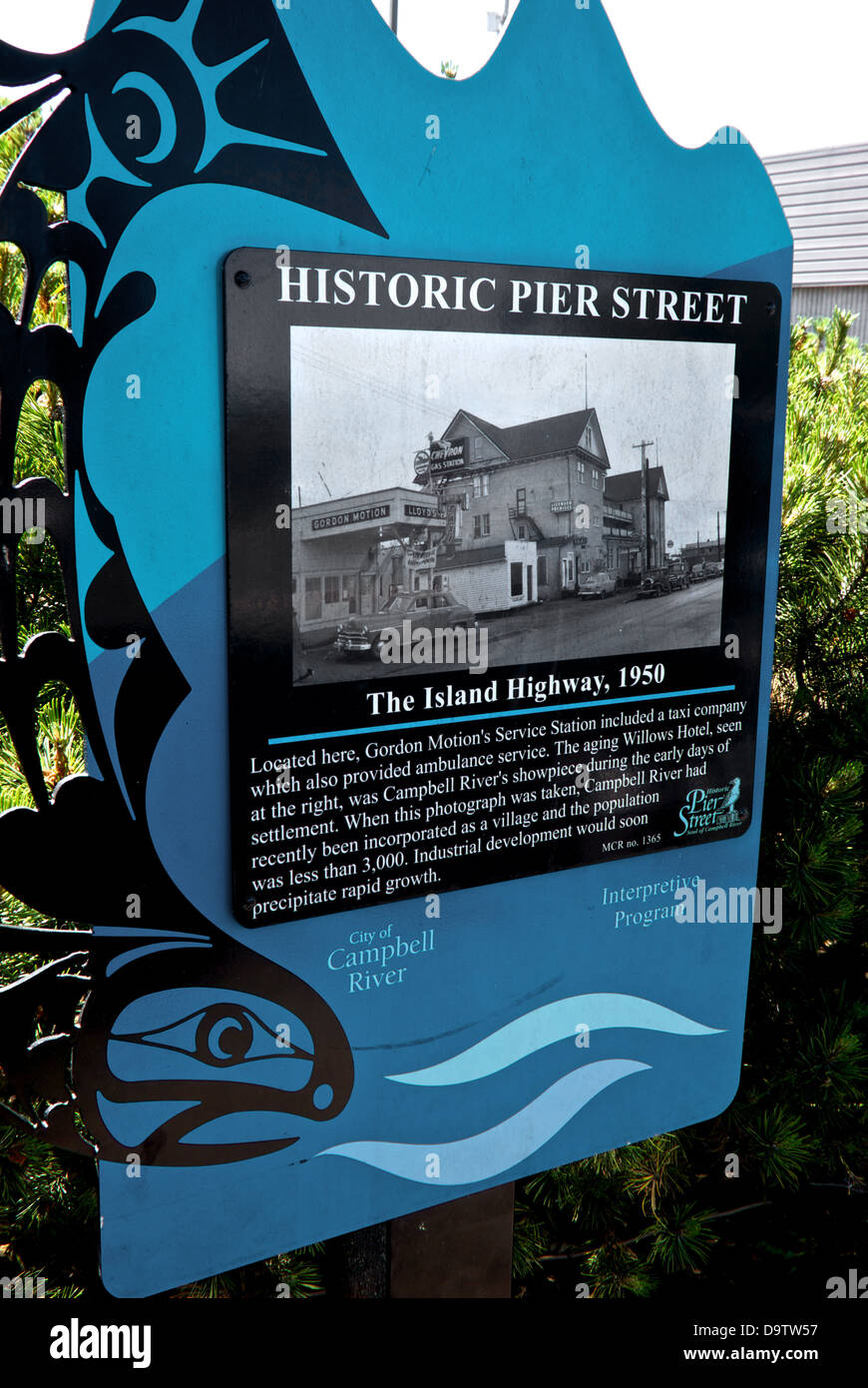 Historical interest sign downtown Campbell River BC Canada Historic Pier Street Island Highway 1950 Stock Photo