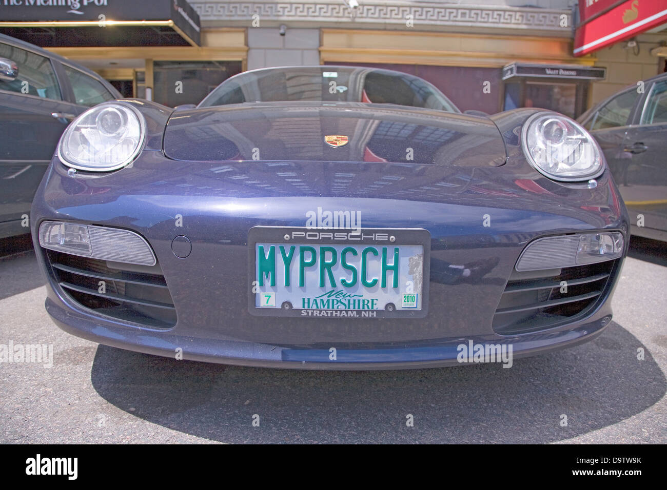 New Hampshire license plate reads My Porsche, Boston, MA. Stock Photo