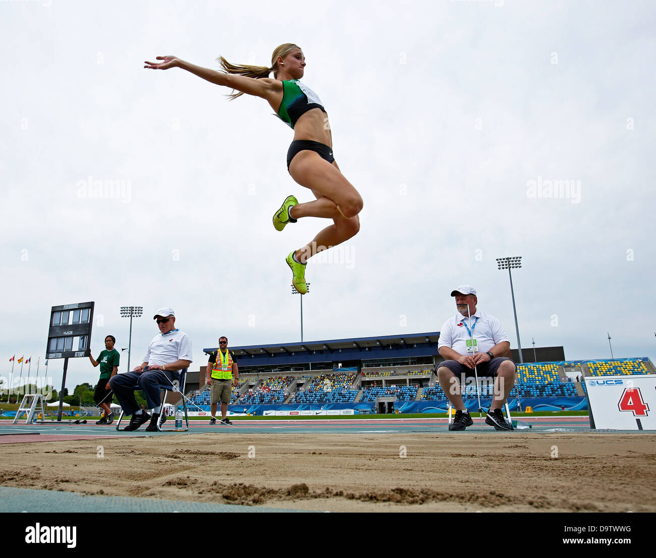 Heptathlon long jumper Brianne Theisen competes at the Canadian Track & Field Championships June 22, 2013 in Moncton, Canada. Stock Photo