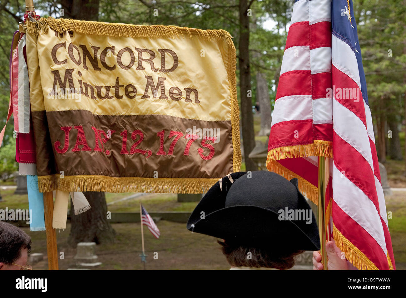 Flag for Concord Minutemen Revolutionary reenactors, Memorial Day, 2011, Concord, MA Stock Photo