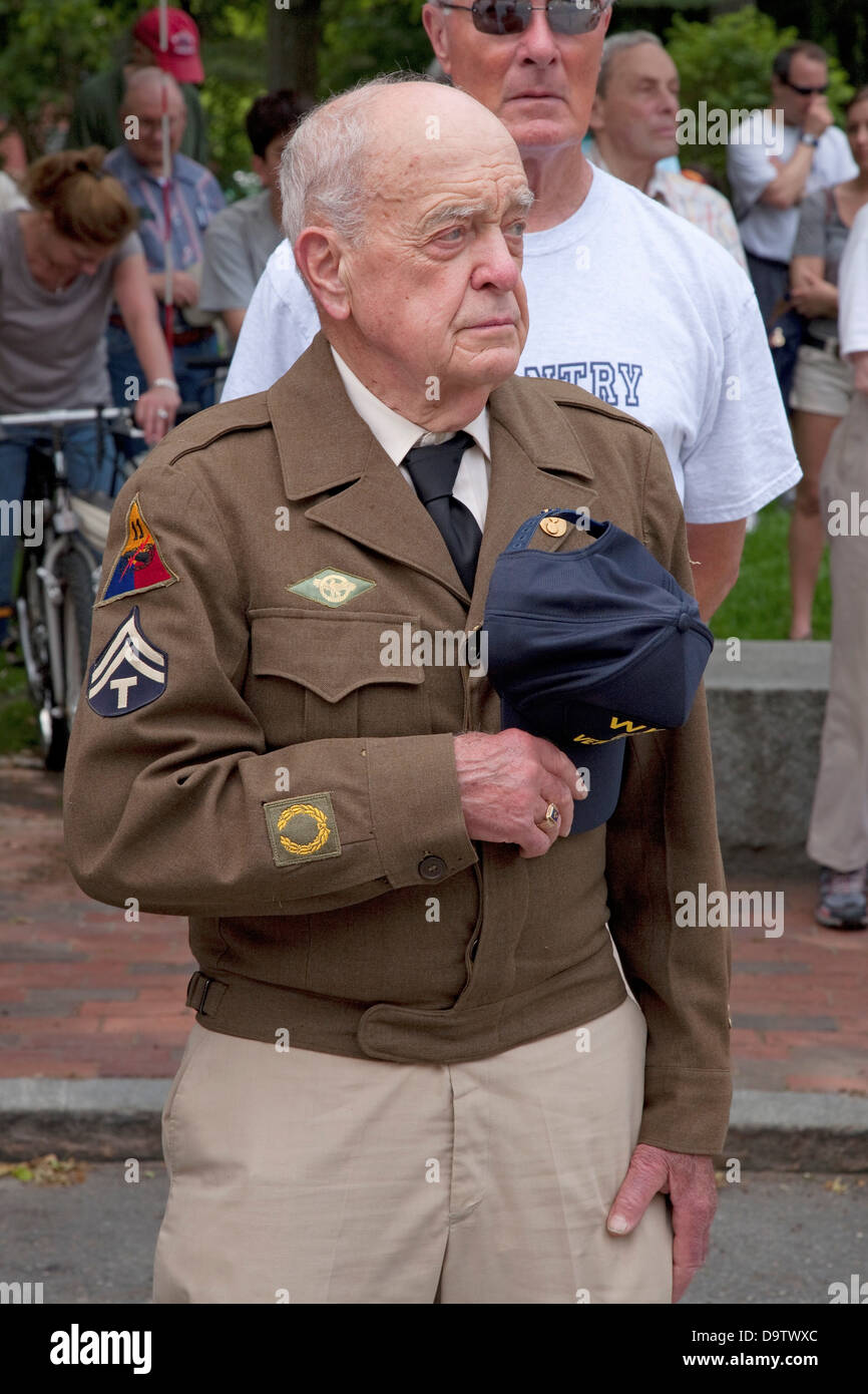 World War II Veteran holds hat on Memorial Day, 2011, Concord, MA Stock Photo