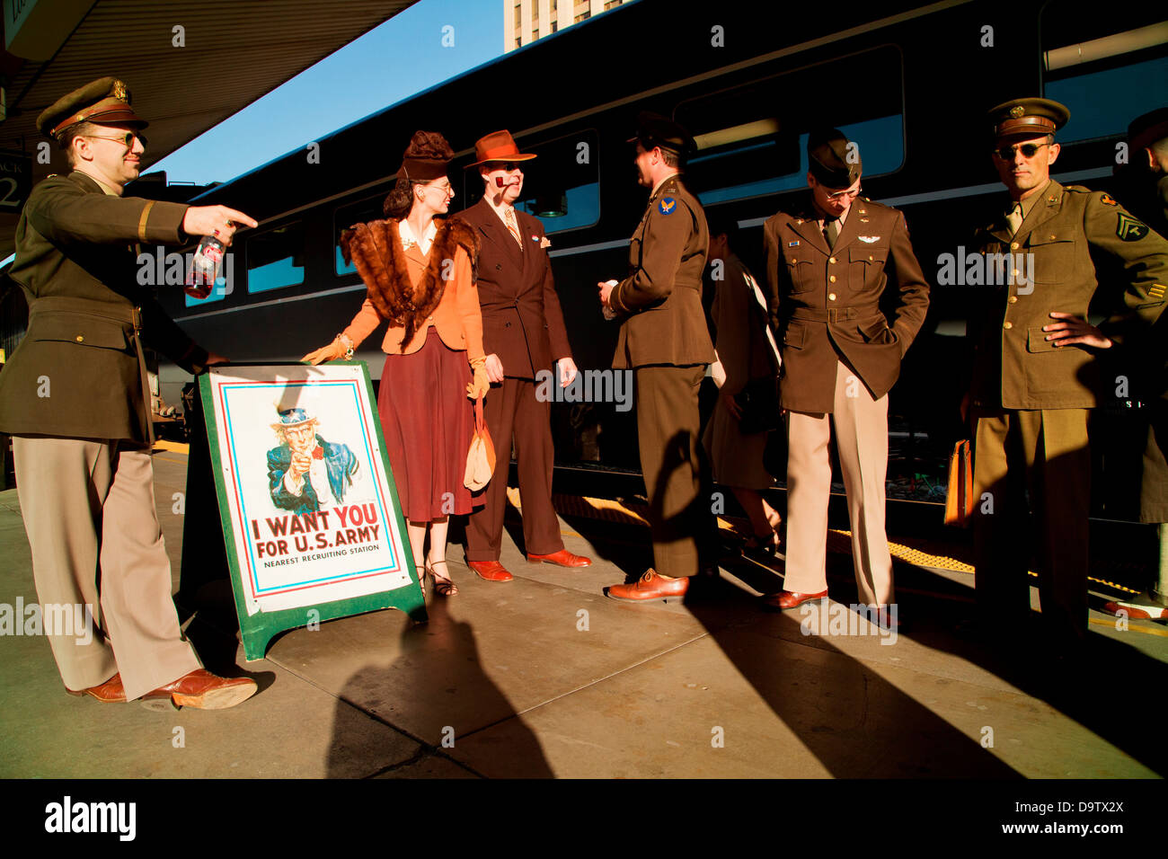 1940's reenactors stand in front of Pearl Harbor Day Troop train reenactment from Los Angeles Union Station to San Diego Stock Photo