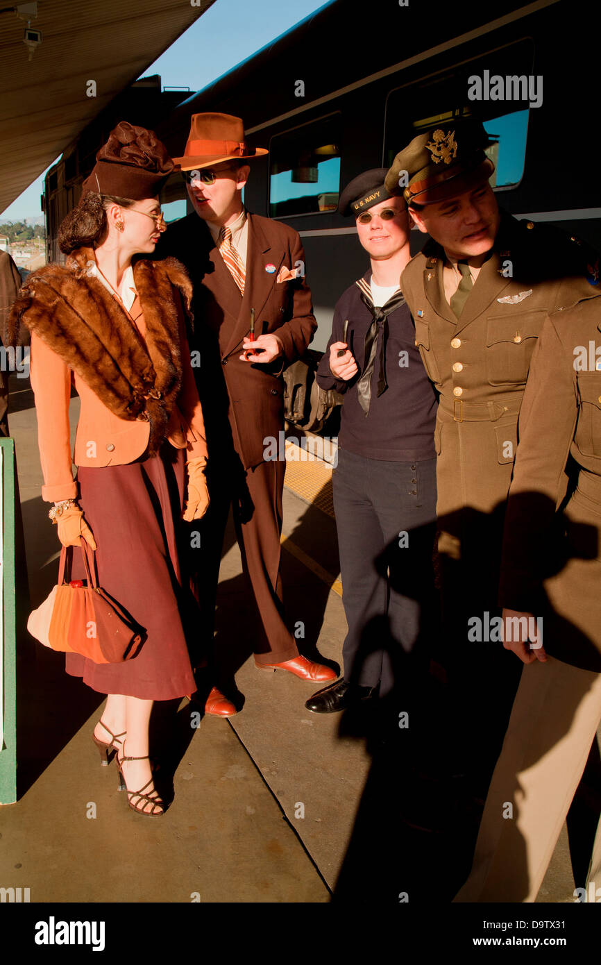 1940's reenactors stand in front of Pearl Harbor Day Troop train reenactment from Los Angeles Union Station to San Diego Stock Photo