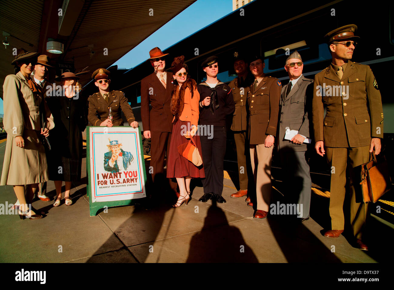 1940's reenactors stand in front of Pearl Harbor Day Troop train reenactment from Los Angeles Union Station to San Diego Stock Photo