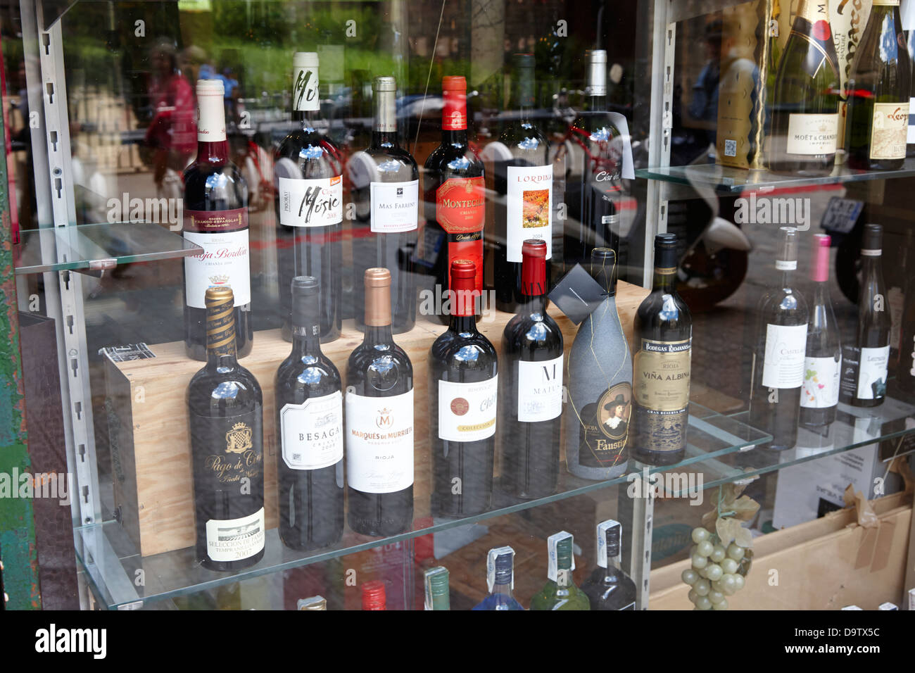 bottles of spanish wine on window display in a store in barcelona
