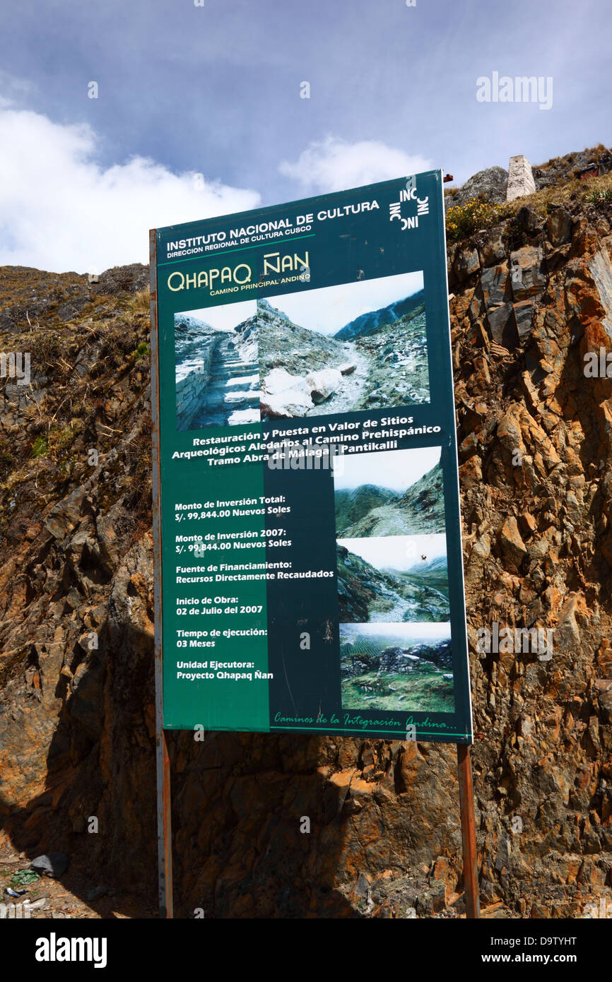 Sign with details about Qhapaq Ñan / Inca road restoration project and financing at Abra Malaga Pass, near Ollantaytambo, Peru Stock Photo