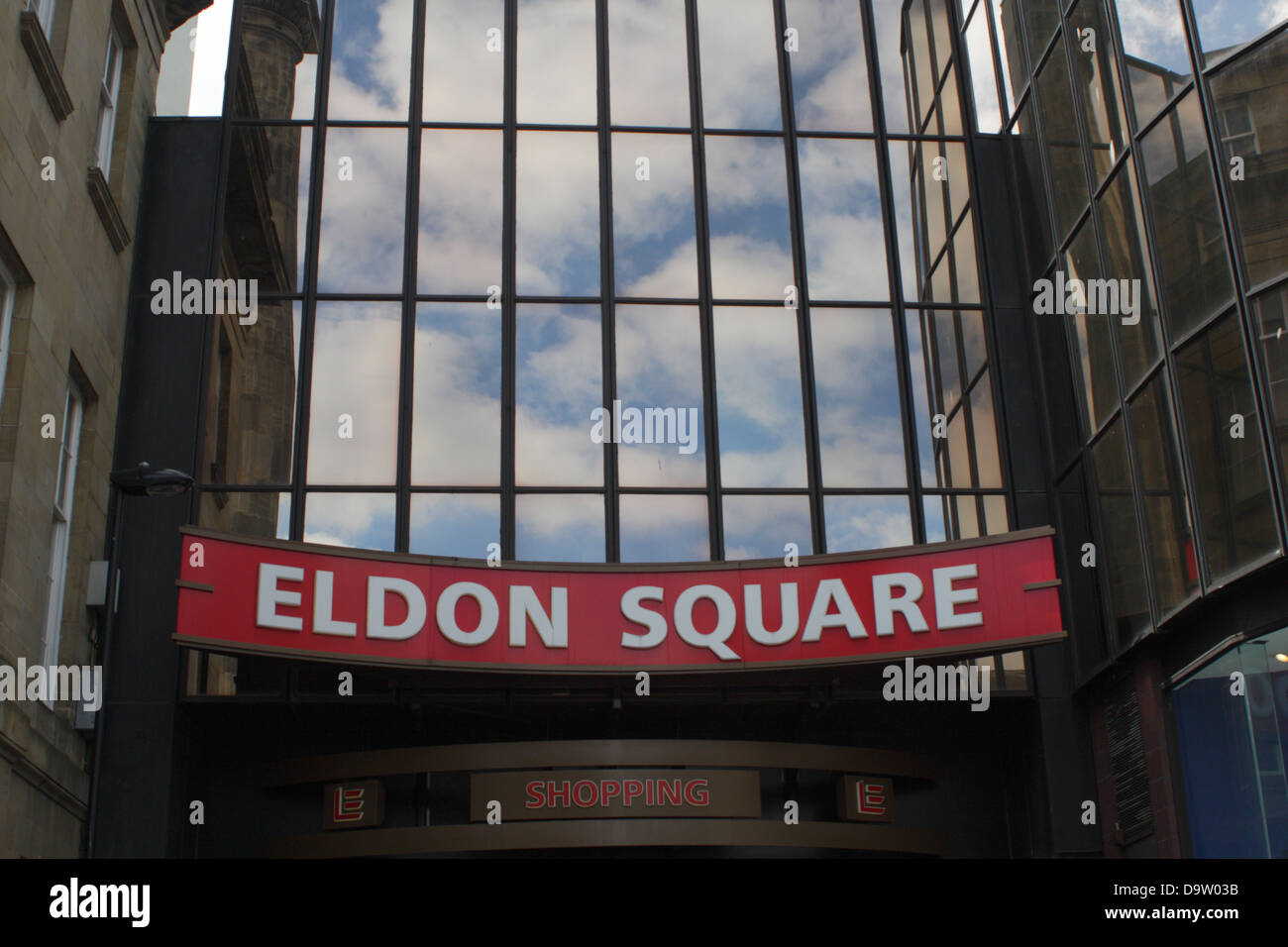 Eldon Square shopping precint entrance sign, below multiple glass windows. Stock Photo