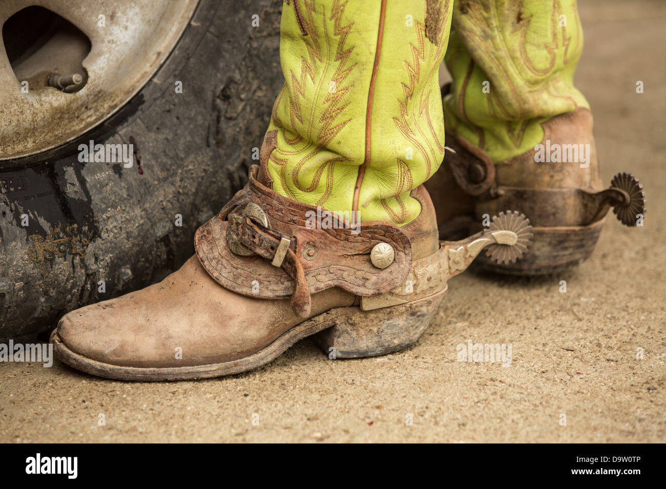 Western-style cowboy spurs on boots in Fort Worth, Texas Stock