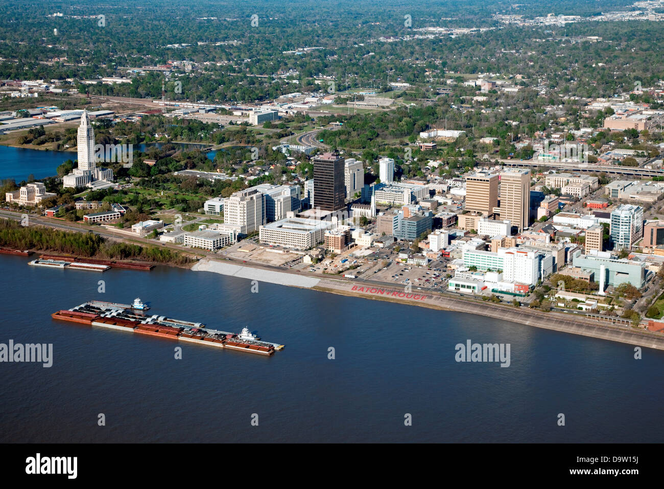 Aerial of Downtown Baton Rouge, Louisiana from over The Mississippi River Stock Photo