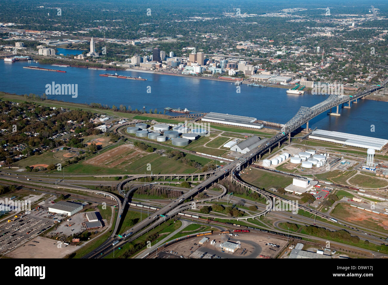 Aerial of Baton Rouge, Louisiana with an I-10 Interchange in the foreground Stock Photo