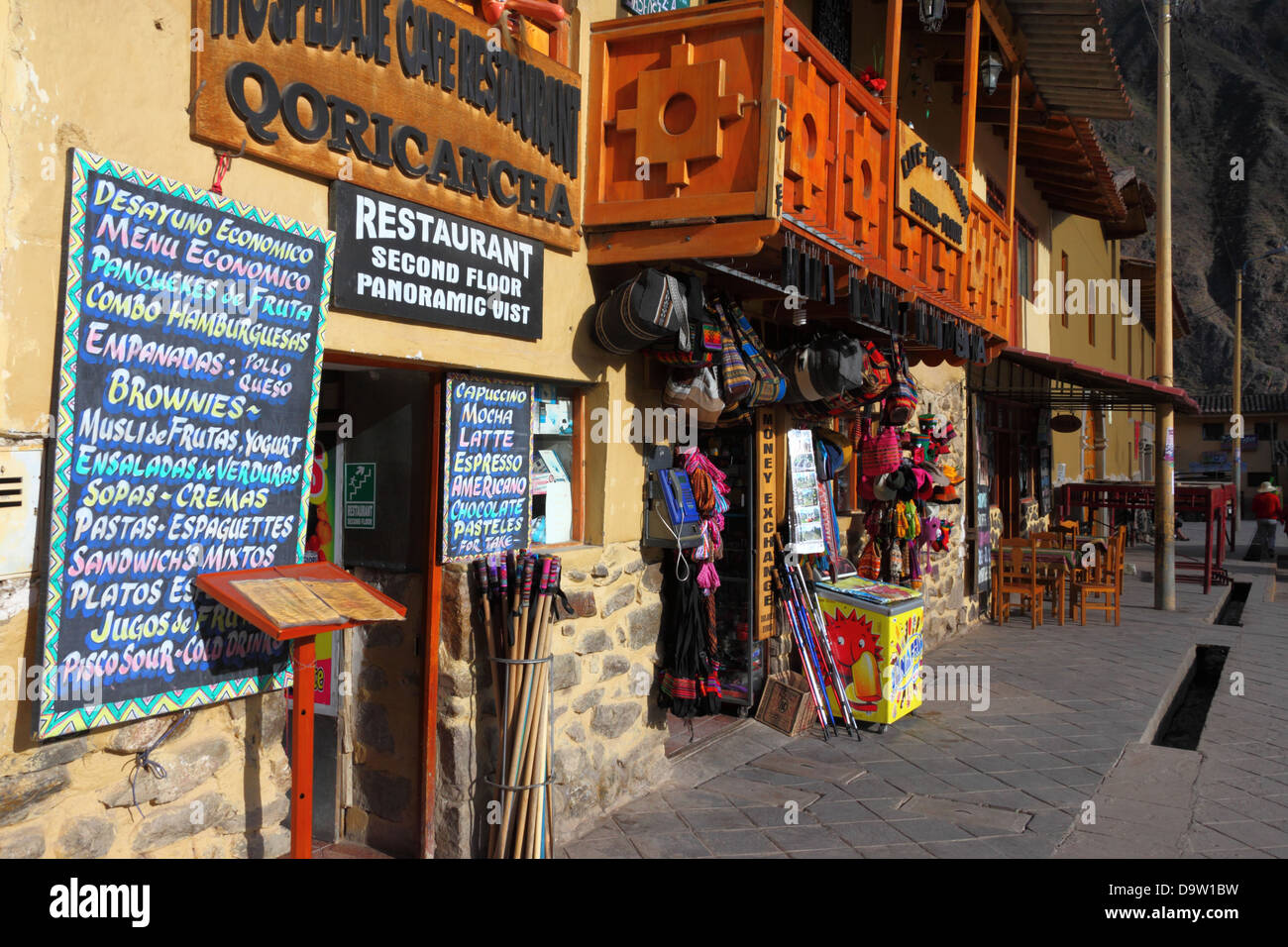 Menus outside tourist cafe and souvenir shop on Plaza de Armas, Ollantaytambo , Sacred Valley , near Cusco, Peru Stock Photo