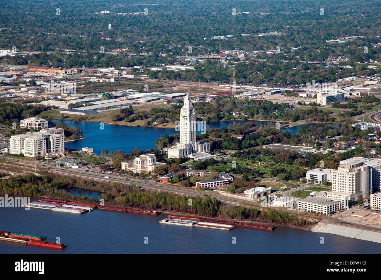 Aerial of Louisiana State Capitol Building with Capitol Lake Behind it, Baton Rouge, Louisiana